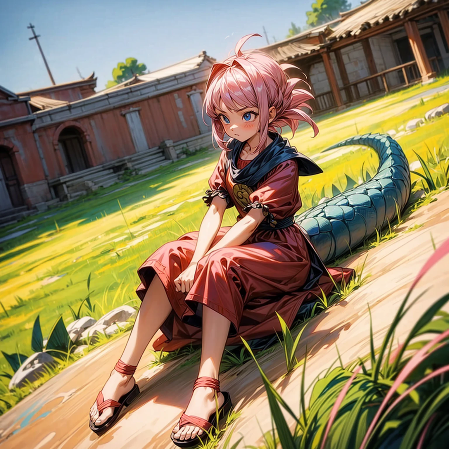 1childern girl, Full body version, 1character, children girl version, blue eyes, long messy haircut, pink colour hair, Ancient Roman clothing, red colour clothing, sandals, Grassroots, background in field town, motion blur, Lie down gesture, (dragon ball style art)