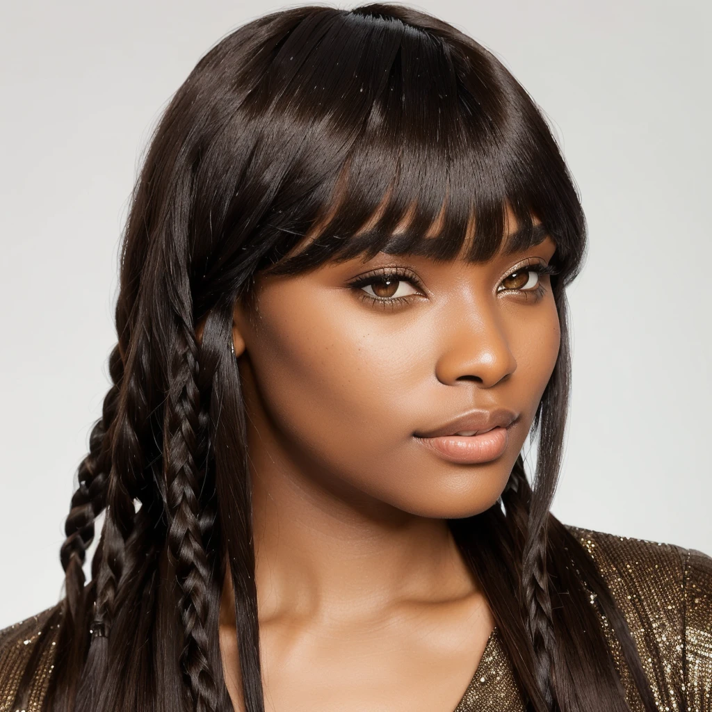 a close up of a woman with a brown and black hair, box braids, with full bangs, with short hair with bangs, black hair in braids, woman with braided brown hair, with bangs, brown fringe, short brown hair with bangs, with a brown fringe, wig, neat hair with bangs, hair blackbangs hair, elegant fantasy style braids, stunning visual