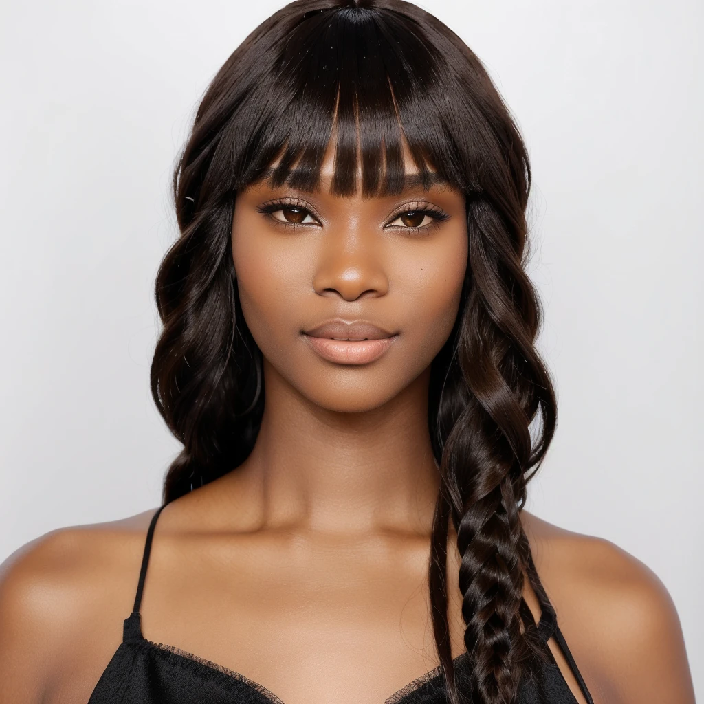 a close up of a woman with a brown and black hair, box braids, with full bangs, with short hair with bangs, black hair in braids, woman with braided brown hair, with bangs, brown fringe, short brown hair with bangs, with a brown fringe, wig, neat hair with bangs, hair blackbangs hair, elegant fantasy style braids, stunning visual