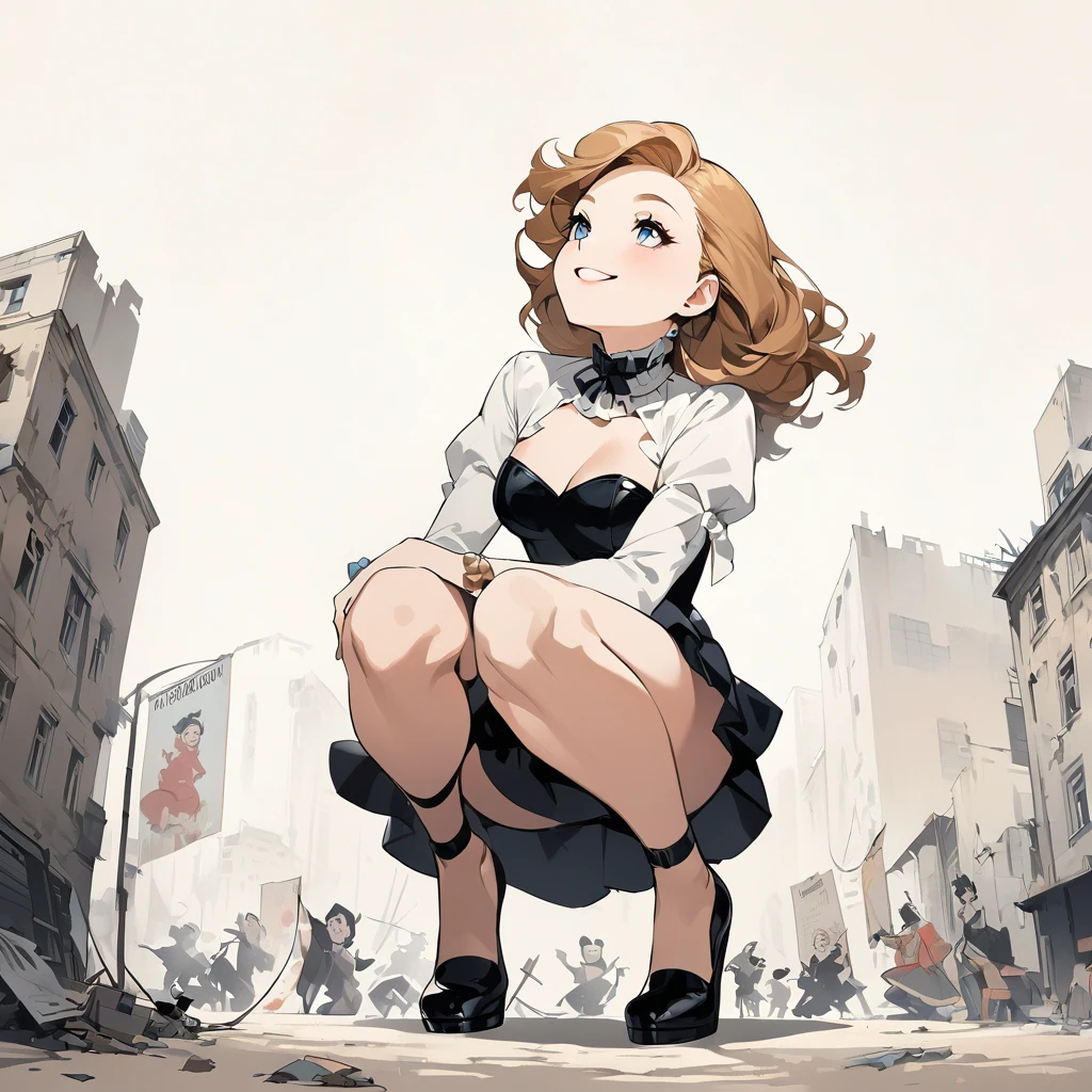 Vintage Vogue Style. full body shot. The background is plain white. The composition is looking up from below. Painted by Banksy. Pinup of the heroine's archaic smile, squatting with her legs open.