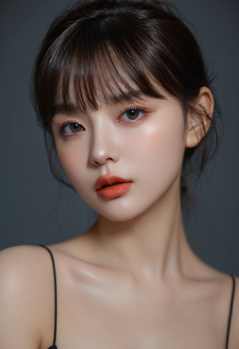 8K, best quality, 1 Girl, (Skin Indentation), night, (dark), Indoor clear background, (people), Beautiful bangs, Gorgeous,, (Clothing and:1.3),Soft lighting, attractive, dark Room, (mouth close:1.2, beautiful eyes, Delicate eyes, Detailed iris, Beautiful lips, Beautiful nose, Pretty Face),(primary color:1.5)
