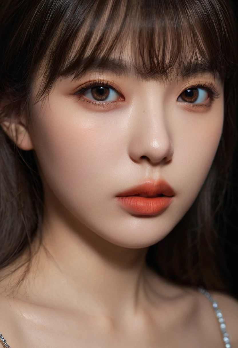 8K, best quality, 1 Girl, (Skin Indentation), night, (dark), Indoor clear background, (people), Beautiful bangs, Gorgeous,, (Clothing and:1.3),Soft lighting, attractive, dark Room, (mouth close:1.2, beautiful eyes, Delicate eyes, Detailed iris, Beautiful lips, Beautiful nose, Pretty Face),(primary color:1.5)
