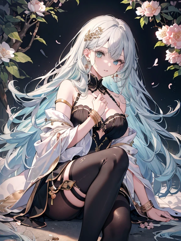 8k,High resolution RAW color art, animation,Sculpture, Silver Marble Skin, (((Highly detailed elegant))), Magical atmosphere, Detailed skin, texture,(Exquisitely crafted, The finer details, Ultra-detailed art), Depth of written boundary, Silky Touch, Hyper Detail, White Background、Beautiful Eyes, Elegant face, Ivory Rose, eye shadow、(Highest quality:1.2, High detail, masterpiece:1.2, Best aesthetics), (1 Girl), Beautiful woman, Beautiful attention to detail, Beautiful lip detail, Highly detailed face, Delicate depiction of hair and eyes, Detailed Fashion, Aqua Eye, Earrings, Big Breasts,Full body depiction, ,Focus on the user、Beautiful black off-shoulder top、Beautiful black above the knee skirt、Tights up to the knee、Thighs、Gold decoration, Black nails, Gray Hair, Gold bracelet, Long Straight Hair, Light blue inner hair、Hair、Red cheeks、Looking up、evening、Cherry Blossom、Fluttering clothes
