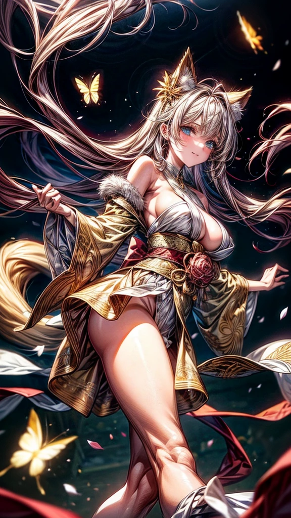 With delicately pointed fox-like ears atop her head and nine voluminous, fluffy tails cascading behind her, the enchanting figure before us embodies a mystical and ethereal beauty. This stunning portrayal, whether in a painting, photograph, or digital art, captures every nuance of her otherworldly allure. The vibrant colors of her fur, a mesmerizing blend of fiery oranges and soft creams, seem to shimmer and dance in the light, highlighting the intricate details of each tail and ear. The image is so exquisitely rendered that one can almost feel the softness of her fur and hear the gentle rustling of her tails as she moves. It is a masterful work of art that immerses viewers in a world of fantasy and wonder. and make her more sexy by giving her very big and ass give her a h cup chest. and a small beauty spot on her right breast. anime-style Japanese hair, shiny crimson hair, Her dress has a beautiful shimmering pulsating gold pattern that gives it an extraordinary look, golden butterflies fly next to the heroine, with their ethereal Japanese beauty (23 years old). A single lock of hair accentuates her delicate features, and she is adorned with sparkling gems. Her expressive eyes shine with emotion, and her fair skin complements her slender figure. This stunning character comes to life through digital painting. milky white skin and sky blue and mint green eyes. her eyes are bright and shiny. her frock reaches her ankle. give her a nighttime background walking among Sakura tress with golden butterflies fly next to the Girl. her nine-tails flow beautifully behind her clearly visible and she is wearing a nice Japanese-style sandals. has a big firm ass wearing white stockings with golden design on them her kimono reaches to the ankle and her nine-tails dance behind her in a otherworldly beauty of tails sakura tree petals and golden butterflies, she has blood crimson red hair , huge round firm ass