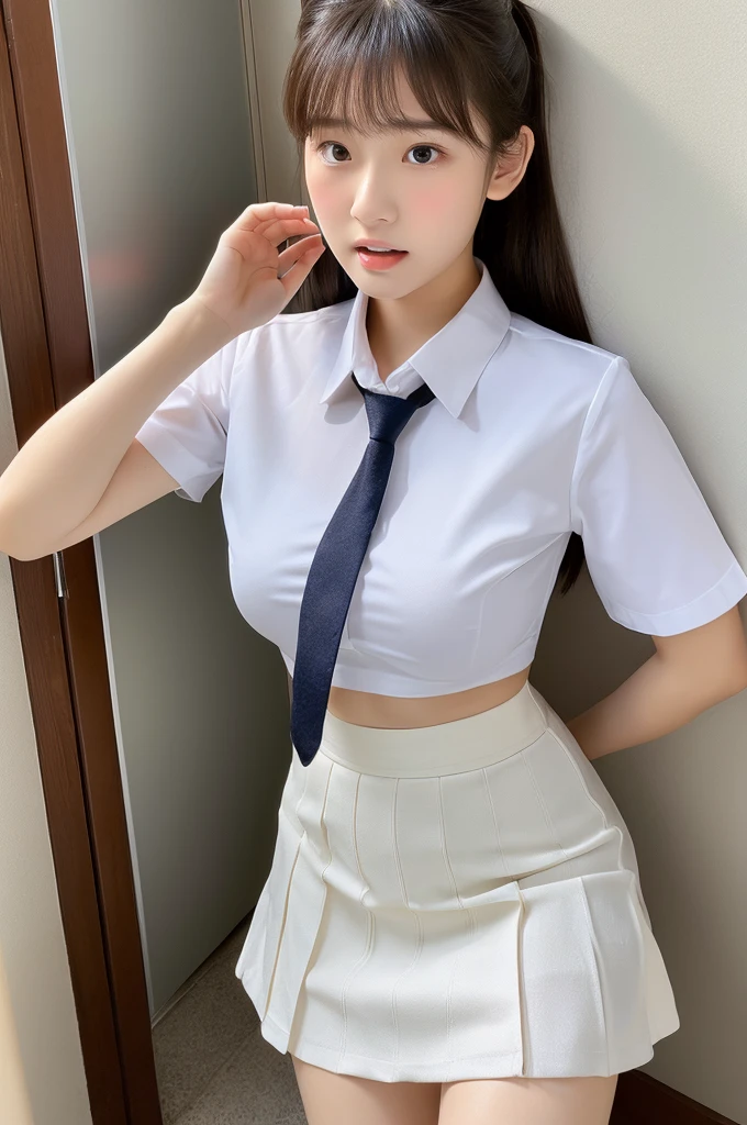 ((highest quality, masterpiece :1.3)), Photorealistic、Ultra-high resolution、Natural skin texture、Hyperrealism、Photograph from the knee up、16 year old Japanese beautiful girl、Ponytail Hair、Large breasts、White collared shirt and tie、mini skirt、Frightened expression