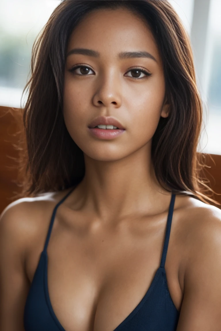 (Editorial photography of a beautiful 18 year old Melanesian woman.), ((Bikini)), ((Very detailed face:1.5)), (sultry sexy 80s model stare:1.2), , sitting at the desk:1.2), (background inside dark, moody, private studio, Old furniture:1.1), (8k, HD, DSLR, high quality, cinematic lighting, bokeh), (dramatic, award-winning photography, incredible masterpiece), female athletic, (((super sexy)))