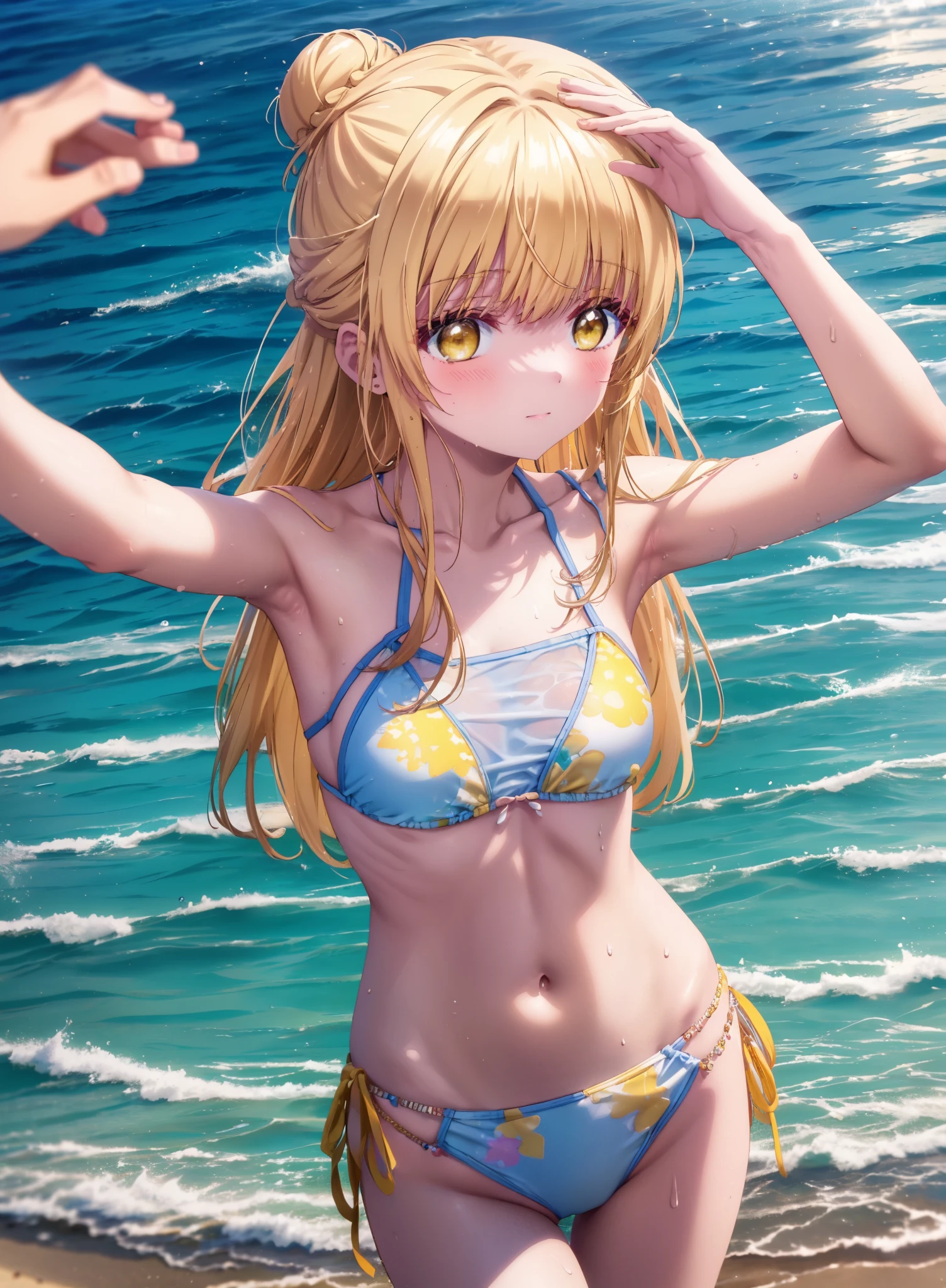 mahirushiina, Mahiru Shiina, Long Hair, bangs, Blonde, Brown Hair, (Yellow Eyes:1.3), smile,blush,Hair Bun, double  Hair Bun,Yellow bikini swimsuit,barefoot,Water Play,Ocean,Sandy Beach,whole bodyがイラストに入るように,Wet Hair,Wet Skin,Wet swimsuit,
break outdoors, Beach,
break looking at viewer, whole body,(Cowboy Shot:1. 5)
break (masterpiece:1.2), Highest quality, High resolution, unity 8k wallpaper, (figure:0.8), (Beautiful attention to detail:1.6), Highly detailed face, Perfect lighting, Highly detailed CG, (Perfect hands, Perfect Anatomy),