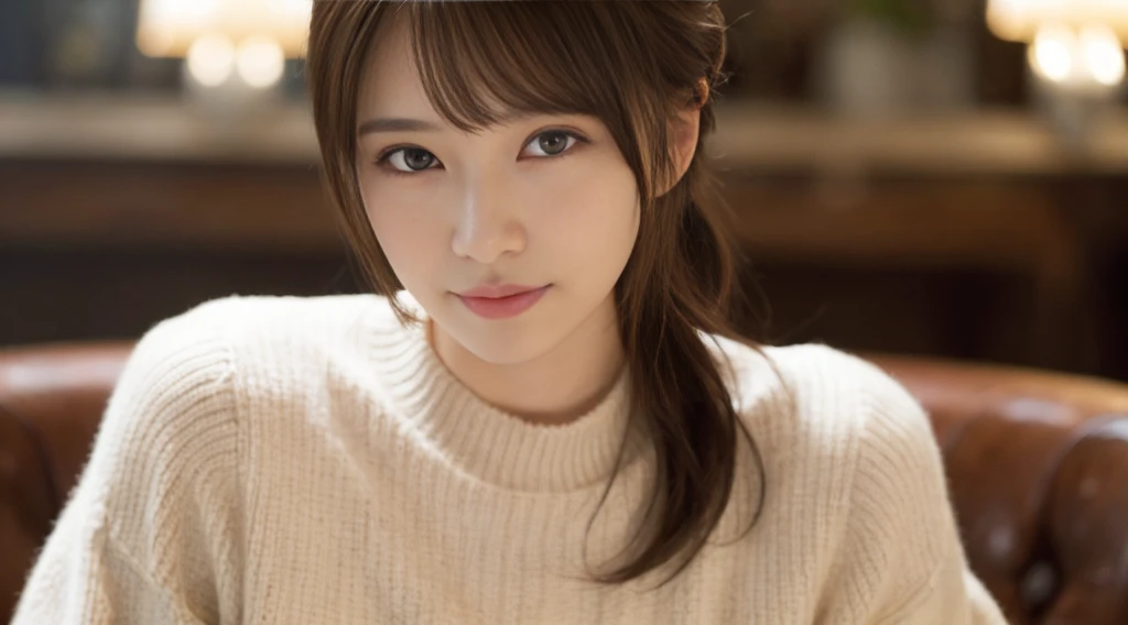 (masterpiece:1.5)、(Realistic:1.5)、(Highest quality:1.4、8k、RAW Photos）、 Ultra-high resolution、Professional Lighting、Perfect dynamic composition、Photo shoot at an antique and stylish cafe、 Film Grain、chromatic aberration、(Bokeh:1.1)、 Frank、Sophisticated、charm、超Realistic、Attention to detail、Golden Ratio、Anatomically correct、 (1 girl)、Slender girl、繊細でcharm女の子、Cute Woman:1.4、 Serious expression、Looking at the audience、Light brown hair、Shiny Hair、Hairstyle: Ponytail、 Realistic looking skin、 Shut your mouth.、Beautiful Eyes、double eyelid、Thin arms、(White high neck ribbed sweater)、Big  pushing up clothes。Beautiful breasts