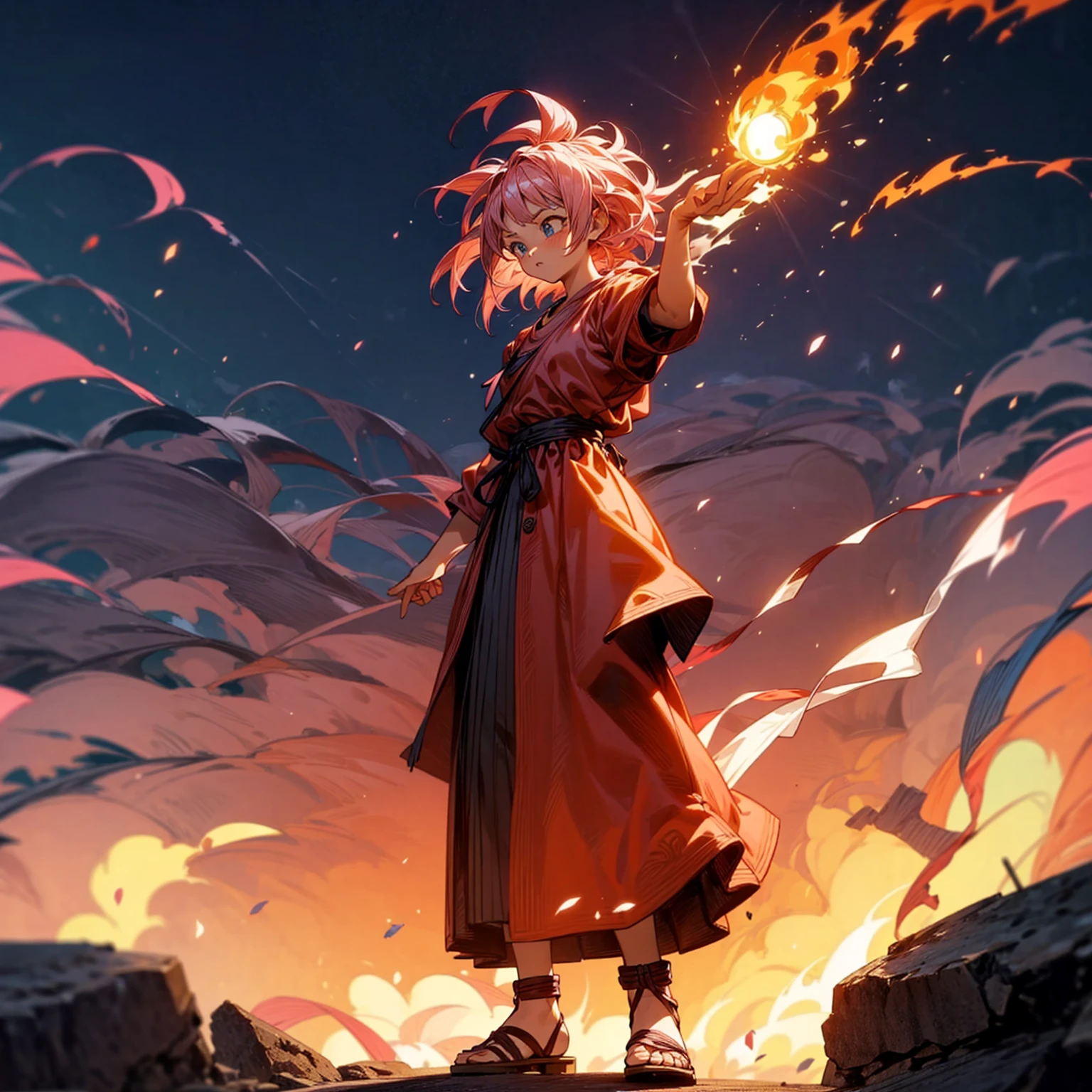 1girl, Full body version, 1character, blue eyes, long messy haircut, pink colour hair, Ancient Roman clothing, red colour clothing, sandals, Grassroots, background in field town, motion blur, standing gesture, fire burning in hand, (dragon ball style art)