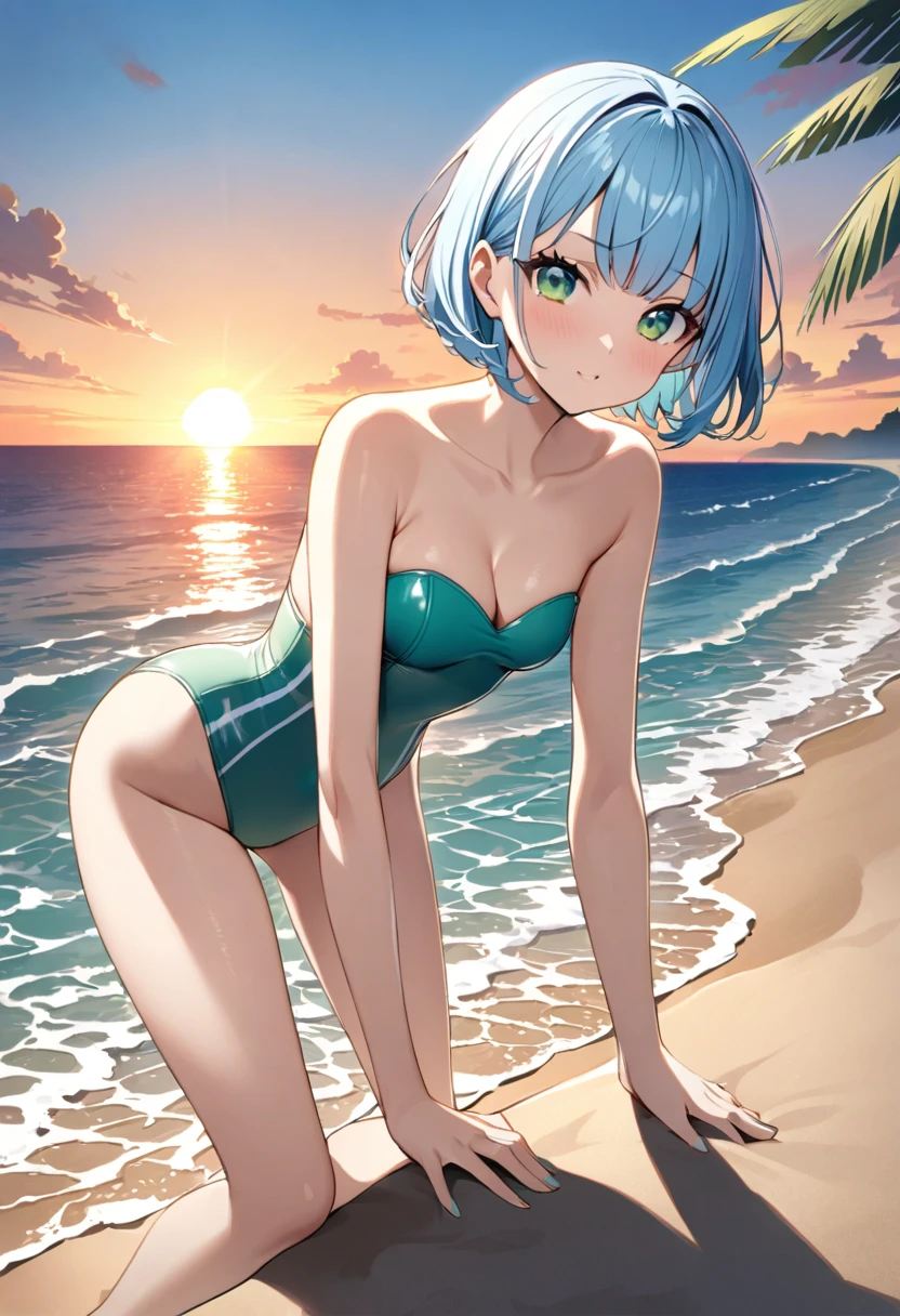 Light blue hair、Short Bob、Deep green eyes、Age 25、Strapless one piece swimsuit、Beach Sunset、Sexy pose、