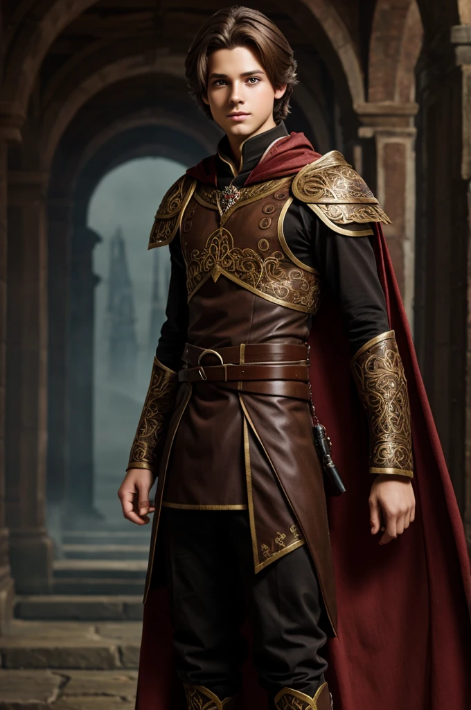 A boy with red eyes ang brown hair with fantasy clothing