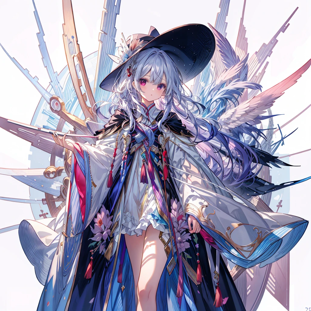 One Girl、(masterpiece, Highest quality、Official Art、Optimal Configuration、Award-winning works), (Thin Hair), Very detailed, Anime Style, alone, full length, Concept Art,Magical girl　Big hat　Cape, Very detailedなデザインの魔法の杖,  Super huge, Tall and stylish, Very large.、White Background, full lengthに立って, Floating in the sky,fsgzisksk