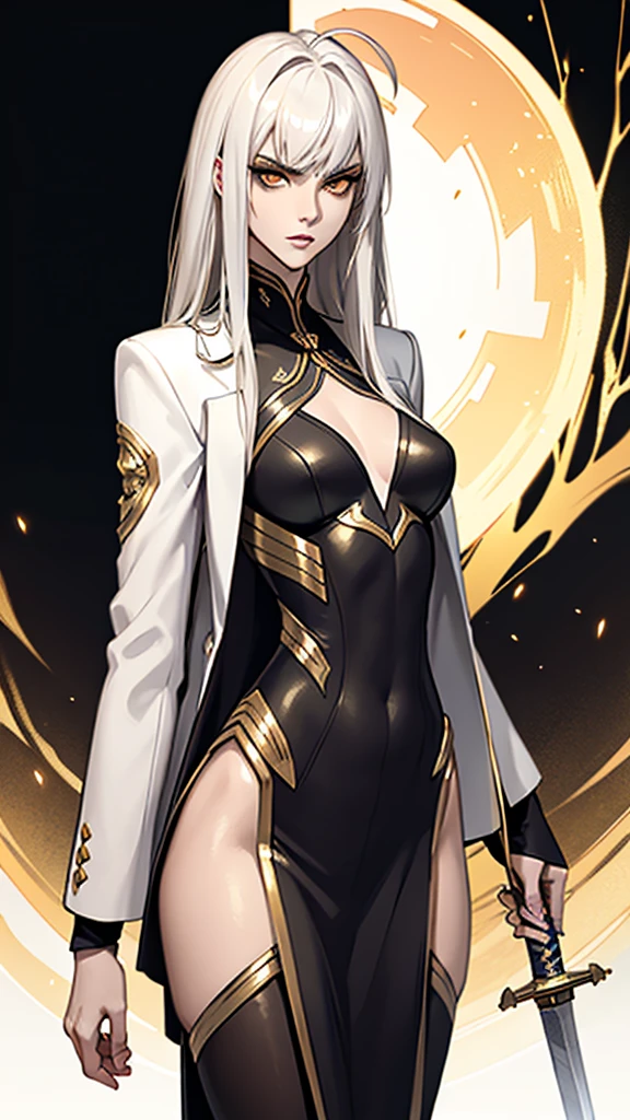 （lifelike， high - resolution：1.3）， 1 girl with a slender body， slender body, Super fine face and eyes，( golden color eyes), smokey look, handsome,  annoyed, ahoge, full lips,  tall girl,  pale skin, dark makeup, shiny skin， blunt bangs, (very long white hair), (ebony armor, suit jacket, ,   gold trim)，small breasts,, ( intricate curved sword, gold trim) , wielding sword, shiny skin, narrow hips, skinny, flat chest, slender body

