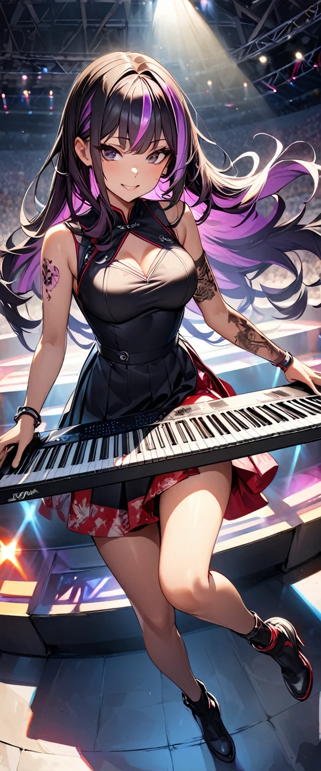 (highest quality:1.2, Very detailed, up to date, Vibrant, Ultra-high resolution, High Contrast, masterpiece:1.2, highest quality, Best aesthetics), Portraiture、girl、keyboard player、stage、performance、Rock Music、Bright colors、Beautiful fine details、Beautiful lip detail、long hair、black and purple ((streaked hair:1.6)), highlights hair: 1.5, rbrown eyes, slim body, middium breast, Music band、Cheerful pose、Concert Light、Edgy Style、colorful Cheongsam, (no sleeve:1), Dynamic Movement、hypnotic sounds、Stadium、amplifier、Loud music、shoulder keyboard, (playing keyboard:1.6), (Floral Fineline tattoo design on left arm:1), Passionate performance、Sparkling stage、Concert atmosphere、Music Festival、Full of emotion、Rock star attitude、Resolute expression、Avid Fan、The presence of an attractive stage、 Expressive gestures、Rock star aura、An exciting atmosphere、Sing with all your heart、An unforgettable show。 ((full body:1.5)),
