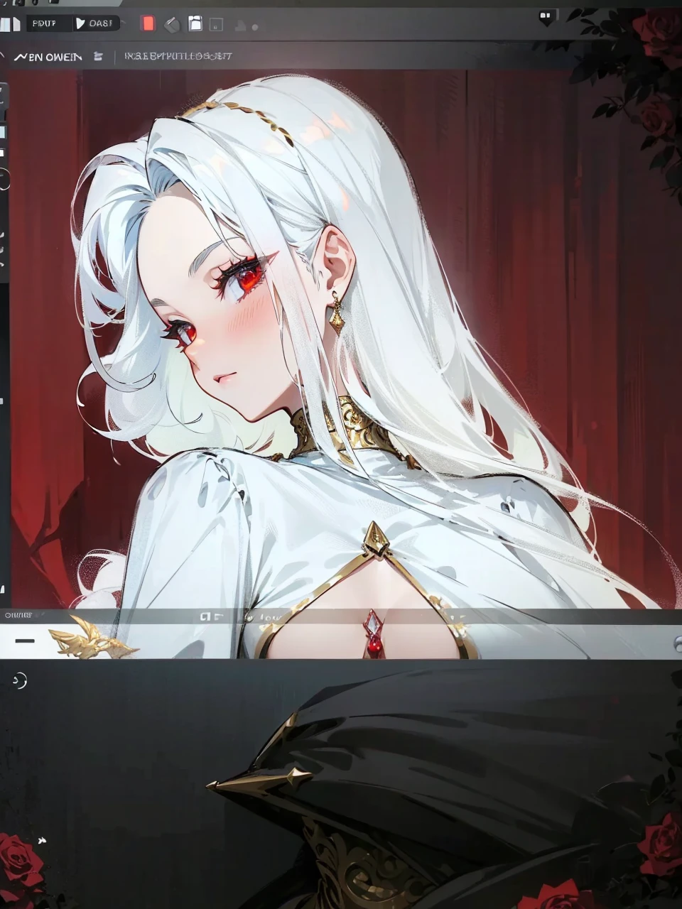 Add in roses to her dress, a good back dress design with some golden jewelry, make her dress into a red and white gown with a hat, give her some unique Jewelry, and make her look somewhat of a demonic angel like appearance to her