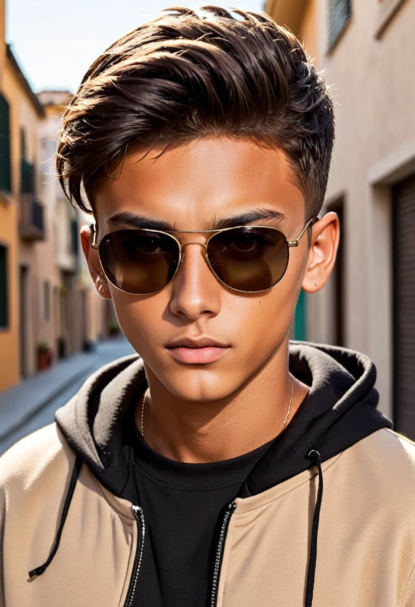 boy, tanned skin, face patches,beige with black hoodie, hood,Sunglasses, Brown eyes, shaved hair