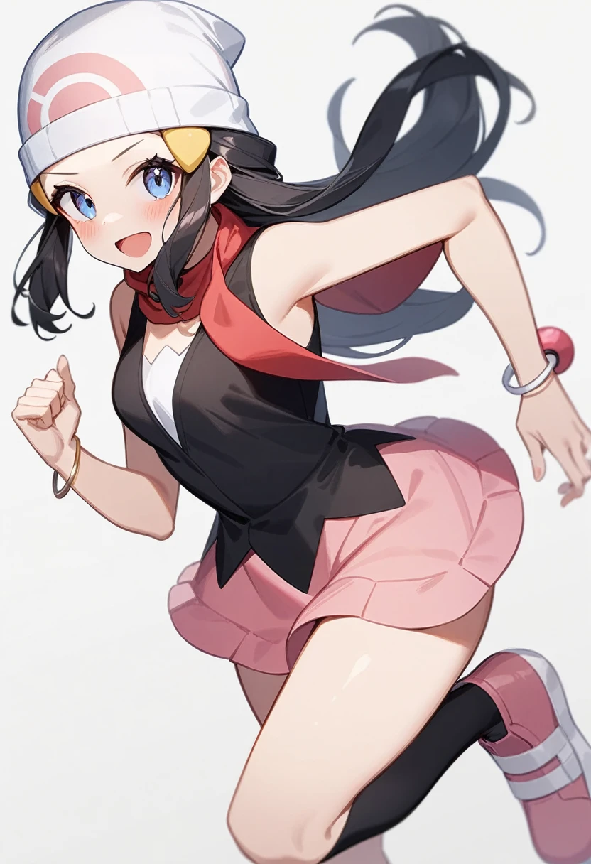 masterpiece,best quality,very aesthetic,absurdres,highres, :d, bag, white_hat, red_scarf, small_breasts, absurdres, blush, simple_background, 1girl, solo, bad_pixiv_id, hairclip, black_shirt, bracelet, sleeveless_shirt, white_background, pink_footwear, running, black_socks, miniskirt, leg_up, looking_at_viewer, kneehighs, bad_id, open_mouth, dawn_\(pokemon\), pink_skirt
