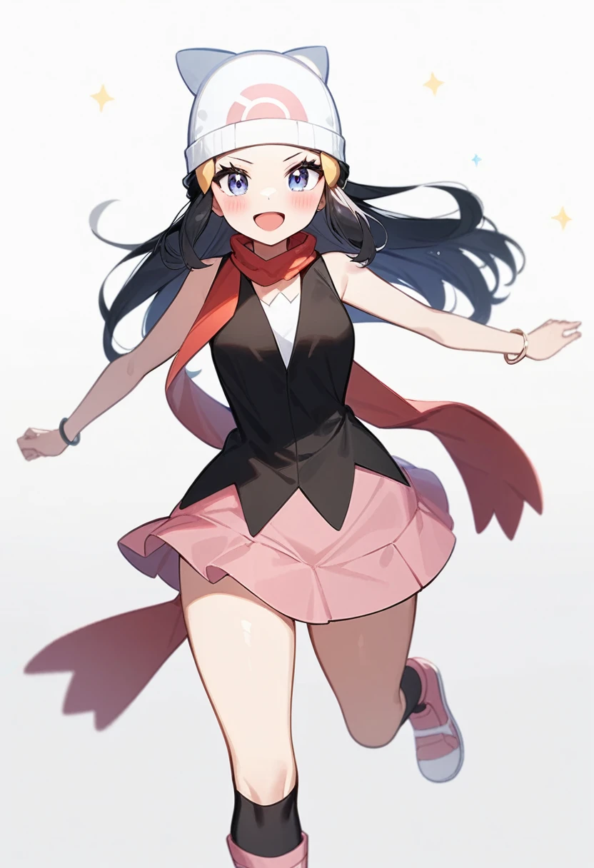 masterpiece,best quality,very aesthetic,absurdres,highres, :d, bag, white_hat, red_scarf, small_breasts, absurdres, blush, simple_background, 1girl, solo, bad_pixiv_id, hairclip, black_shirt, bracelet, sleeveless_shirt, white_background, pink_footwear, running, black_socks, miniskirt, leg_up, looking_at_viewer, kneehighs, bad_id, open_mouth, dawn_\(pokemon\), pink_skirt