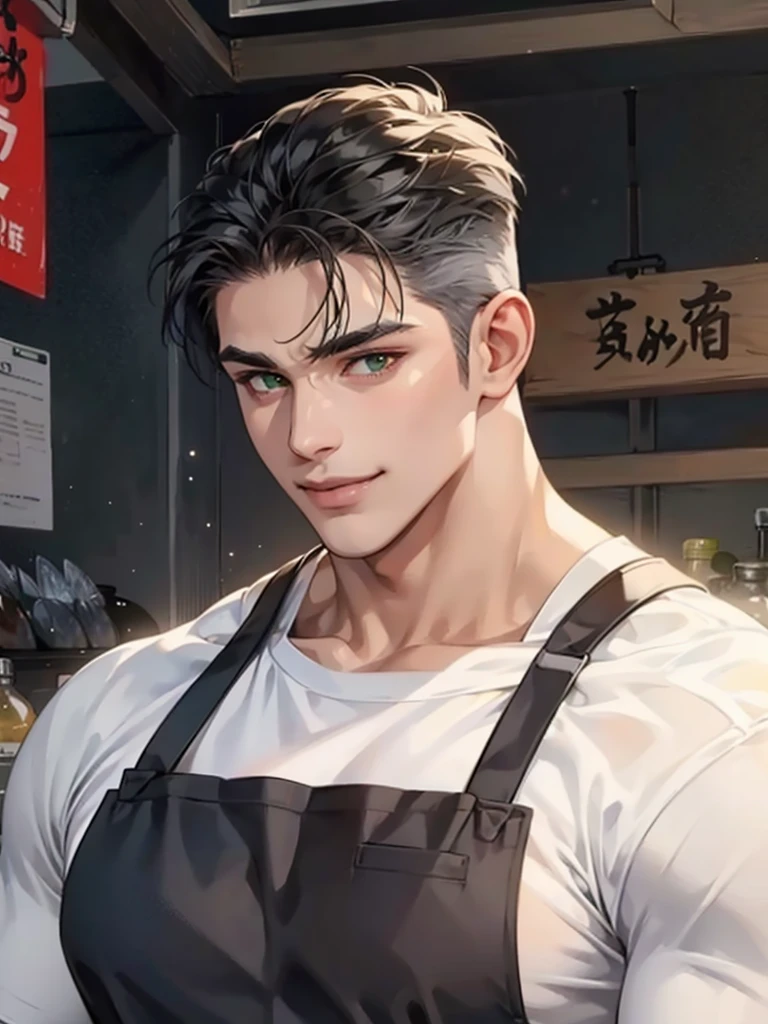 men wear dark gray shining apron over white T-shirt, muscular and handsome,naughty,smile,green eyes,facial hair,fish market,smile