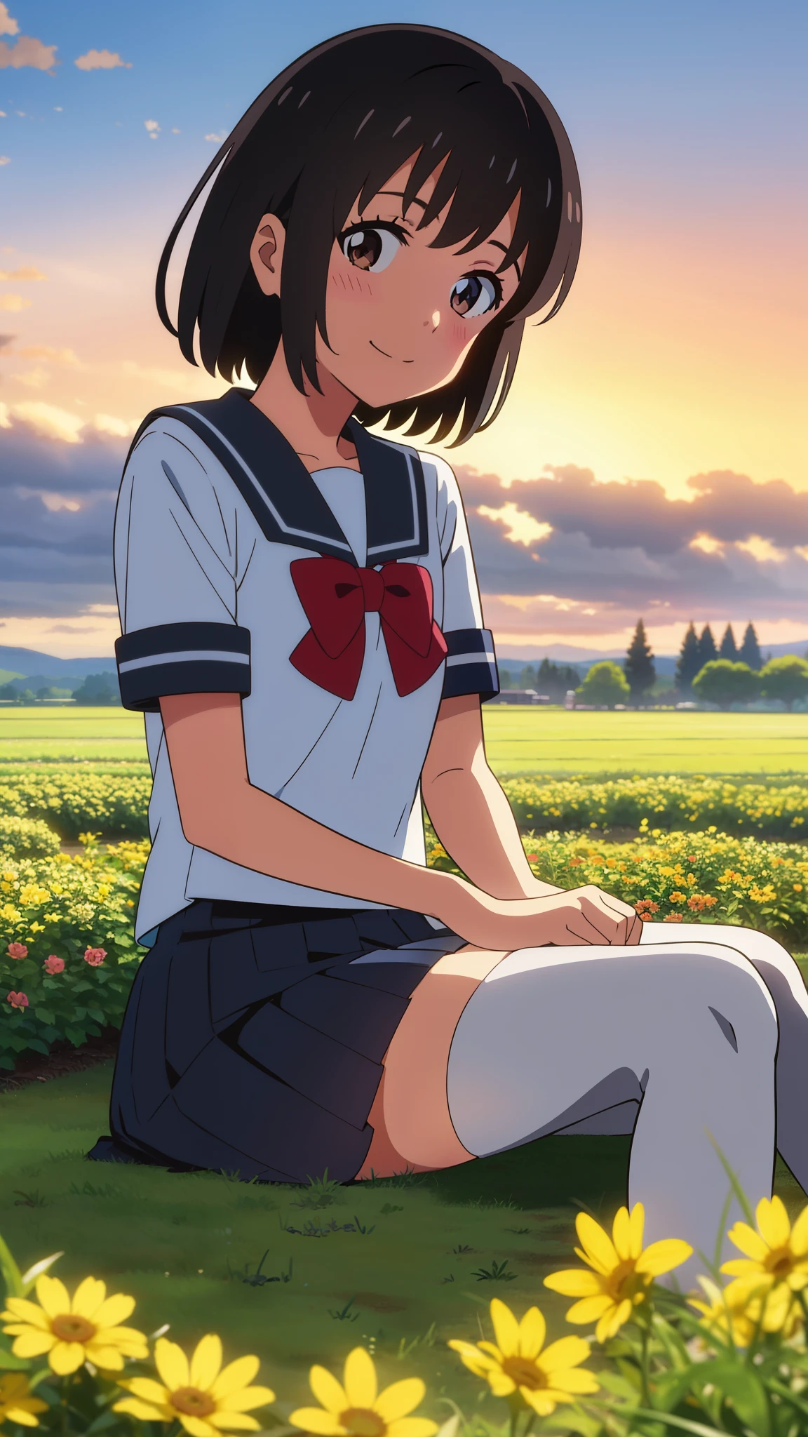 shinkai makoto, kimi no na wa., 1girl, bangs, black hair, blush, expressive eyes, brown eyes, perfect face, looking at the viewer, sailor uniform, shirt, short sleeves, skirt, black thighhighs, short hair, solo, outdoors, shinny skin, smile, cute, open mouth, cloudy, evening, sunset sky, flower field, sitting on the ground, (masterpiece), best quality