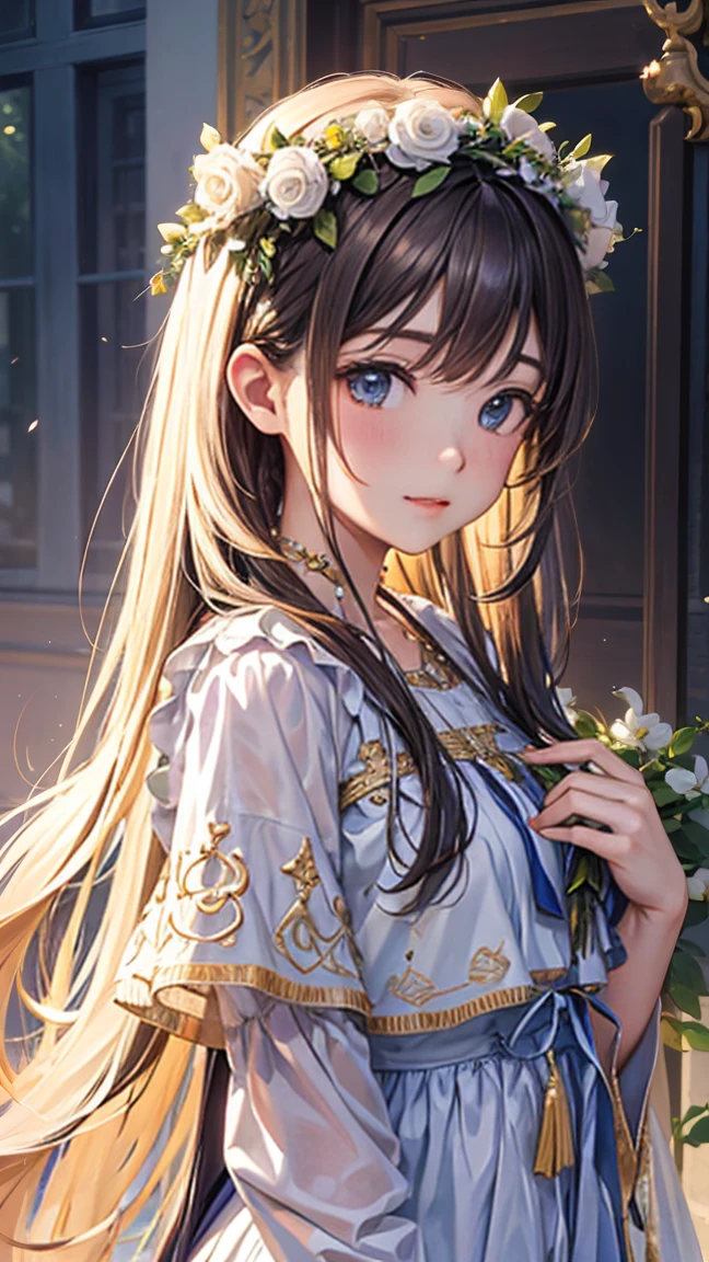 ((best quality)), ((Masterpiece)), (details), perfect facea drawing of a girl with a flower crown and long hair wearing some decorations, 1 girl, decorations, alone, long hair,white balance