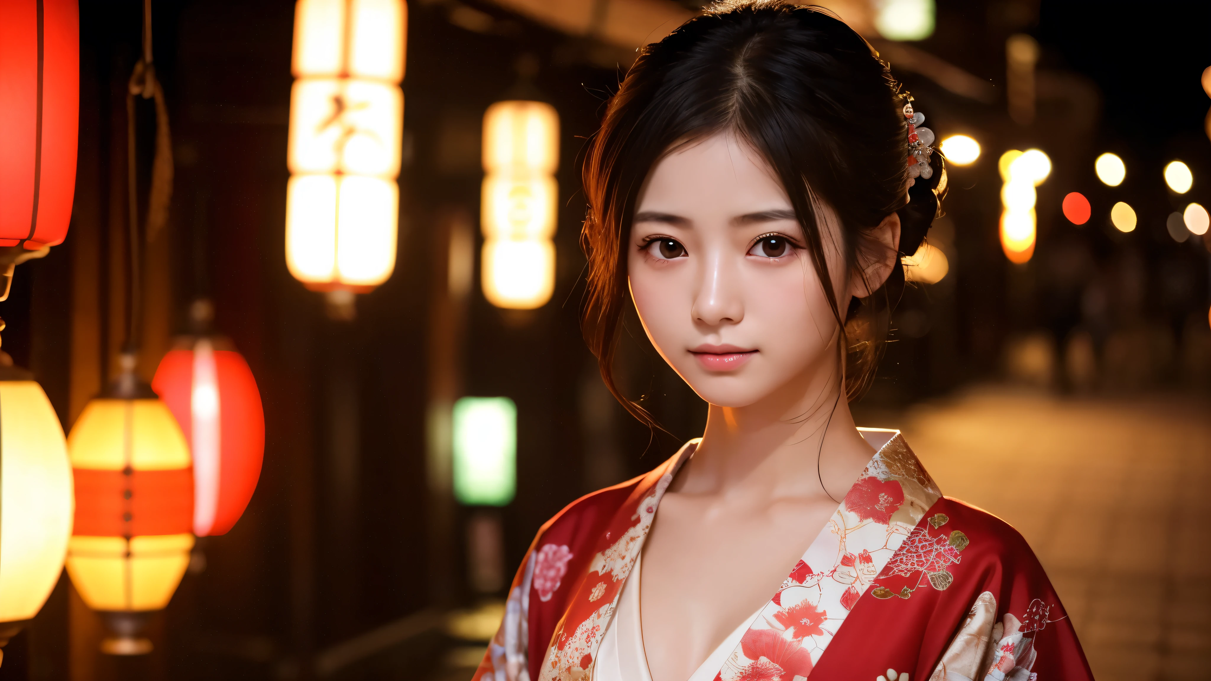 masterpiece,best quality,high resolution,8K,Realistic face,Realistic skin texture,magnified textures, 1 girl,Japanese girl, 22 years old,detailed eyes,Edo Period,Oiran、Prostitute、Fuchu、Post town、standing,black hair、 pale skin,(Sexy chest:1.2)、(from front)、Elegant kimono、Melancholic expression,slim body,beautiful kanzashi,beautiful eyes,white,look at viewer、small nose,straight nose、Red light district,midnight