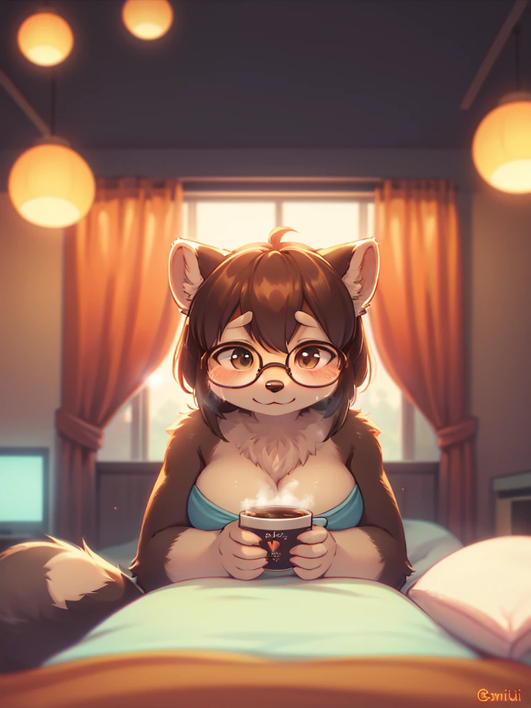 (Sumilux f1.4 75mm , low Latitude old color negative film , cross process , bokeh, flare, chromatic aberration , soft focus, (Shallow focus) , soft glow , Maximum aperture, High Key , Transparent depiction) , closeup face , dull geek female raccoon dog , (butter face) , two apart melons , Maternal love , My heart is beating fast with anticipation , Thick-rimmed glasses , in the motel , Sitting on the bed drinking coffee