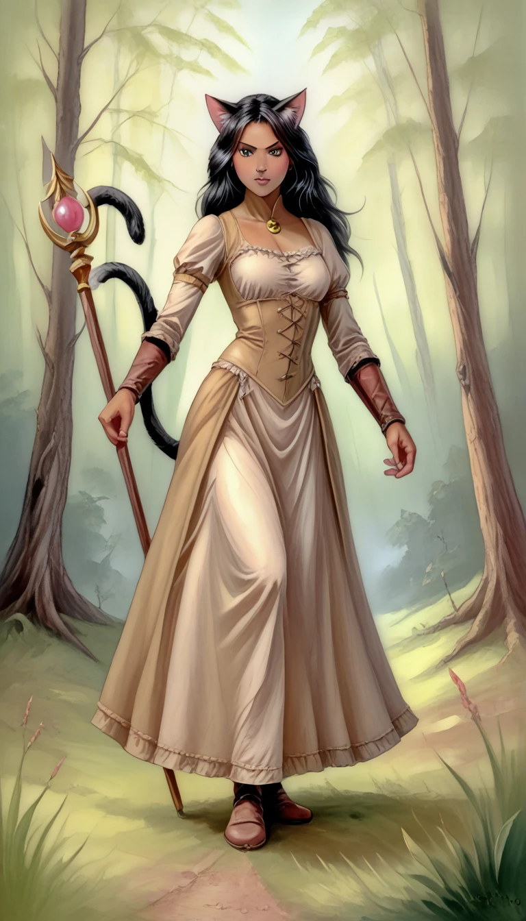 (zPDXL2), score_9_up, painterly, faux traditional media, realistic, BREAK
1girl, solo, fullbody, (cat:1.2), (long black hair), green eyes, (cat ears, cat tail), tanned skin, medieval, fantasy, sorcerer sexy dress, holding magic staff, action pose, battle pose, battlefield, forest background, BREAK
AissistXLv2, unaestheticXL_bp5, SimplePositiveXLv2, zPDXL2 PonyXLV6_Scores