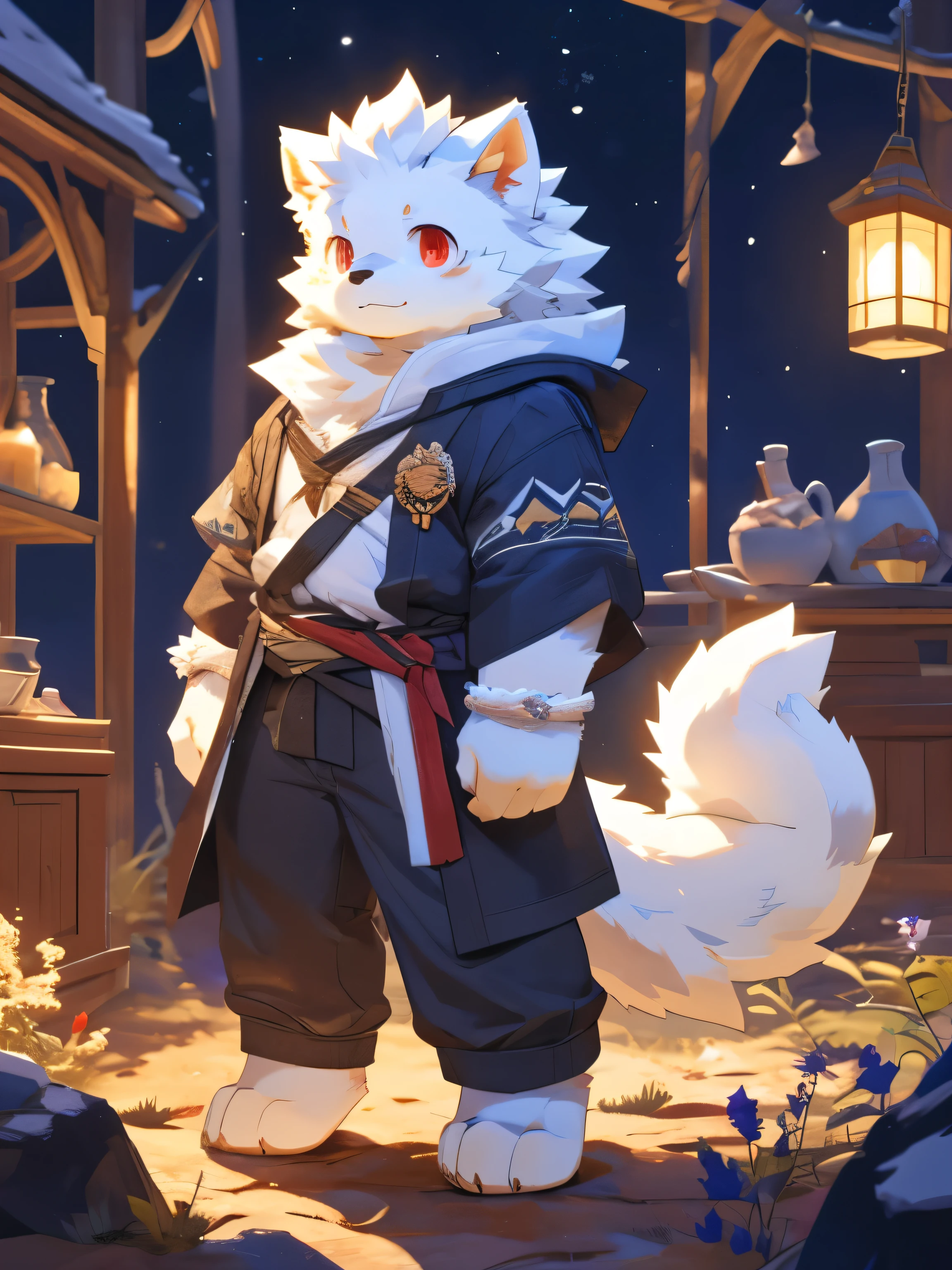 nj5furry,kemono,full-length portrait,anthro,hi res,male,juvenile,Samoyed,strong,Adventurer,Fluffy hair,White plush paw,A tail,Red eyes,Delicate eyes,Detailed eyes