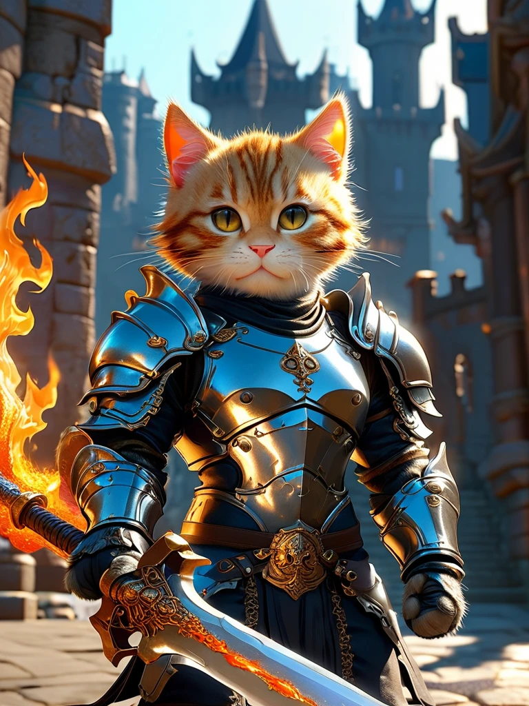 Close-up shot of a cat, cat knight,whole body, Holding a flaming sword, Wearing dark armor, Castle Background, High resolution, masterpiece, Highest quality, Super detailed, Super detailed, Ultra-realistic,
Hong Kong Style, 3D Fluffy, Cute and adorable close-ups, Cute big round reflective eyes, Long fuzzy fur, Pixar Rendering, unreal engine Cinematic smooth, Exquisite detail, Cinematic