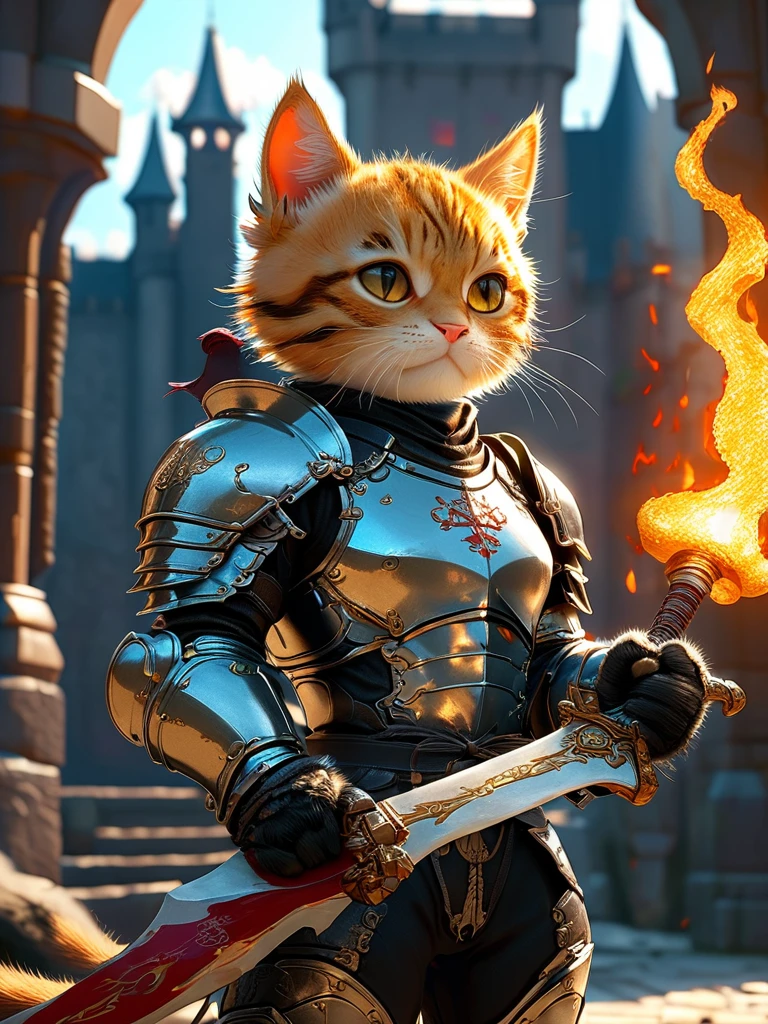 Close-up shot of a cat, cat knight,whole body, Holding a flaming sword, Wearing dark armor, Castle Background, High resolution, masterpiece, Highest quality, Super detailed, Super detailed, Ultra-realistic,
Hong Kong Style, 3D Fluffy, Cute and adorable close-ups, Cute big round reflective eyes, Long fuzzy fur, Pixar Rendering, unreal engine Cinematic smooth, Exquisite detail, Cinematic