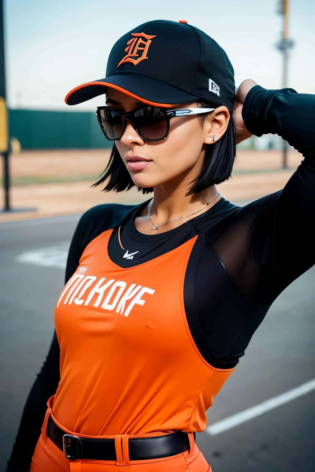 Objective: Capturing the essence of a powerful and captivating baseball player,
Neon orange: Attire: A vibrant and bold neon orange long-sleeve baseball jersey, emblazoned with "Tigers" on the chest and featuring a Button gap of -1, paired with tight-fitted neon orange long pants that showcase her athletic figure. Completing the look are knee pads and elbow pads for protection during gameplay. She wears a baseball cap with decorative lettering "T" and a sleek black visor, accentuated by short hair and stylish sunglasses. Her unique style includes hairpods, hoop earrings,