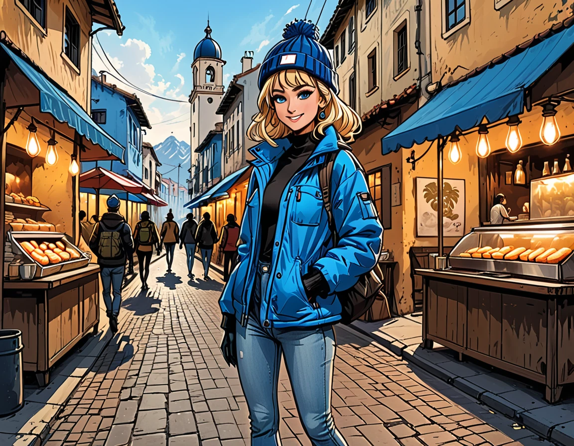 girl walking at the tropical street, street food,palm, people on the street, smile, fullbody, girl in Blue down jacket and levis (jeans) and blue gloves and black hiking boots and (blue winter hat) walking, adult, [Nordic], Hourglass elongated fitness body, perfect Olive skin, Oval Face, Long neck, Rounded shoulders, perfect hand, Attached Pointed ears, round forehead, (Short blonde Waves pixie hair), snub nose, Arched eyebrows, ((Monolid blue Eyes)), High Round Narrow cheekbones, Dimpled Cheeks, Rounded Chin, Rounded Jawline, Full nude Lips, (blue eyes), Nude Makeup Look, long eyelashes, third breast size, ong slim fitness legs, graphic style of novel comics, perfect hands, 2d, 8k, hyperrealism, masterpiece, high resolution, best quality, ultra-detailed, super realistic, Hyperrealistic art, high-quality, ultra high res, highest detailed, lot of details, Extremely high-resolution details, incredibly lifelike, colourful, soft cinematic light,