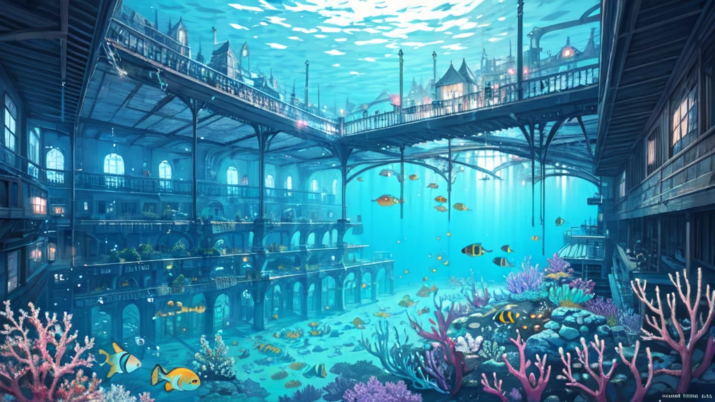 Submerged city, underwater opera house, illustration, nostalgic, underwater, water city, vivid, background only, bright, underwater