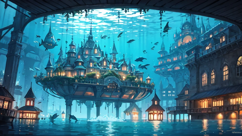 Submerged city, underwater opera house, illustration, nostalgic, underwater, water city, vivid, background only, bright, underwater