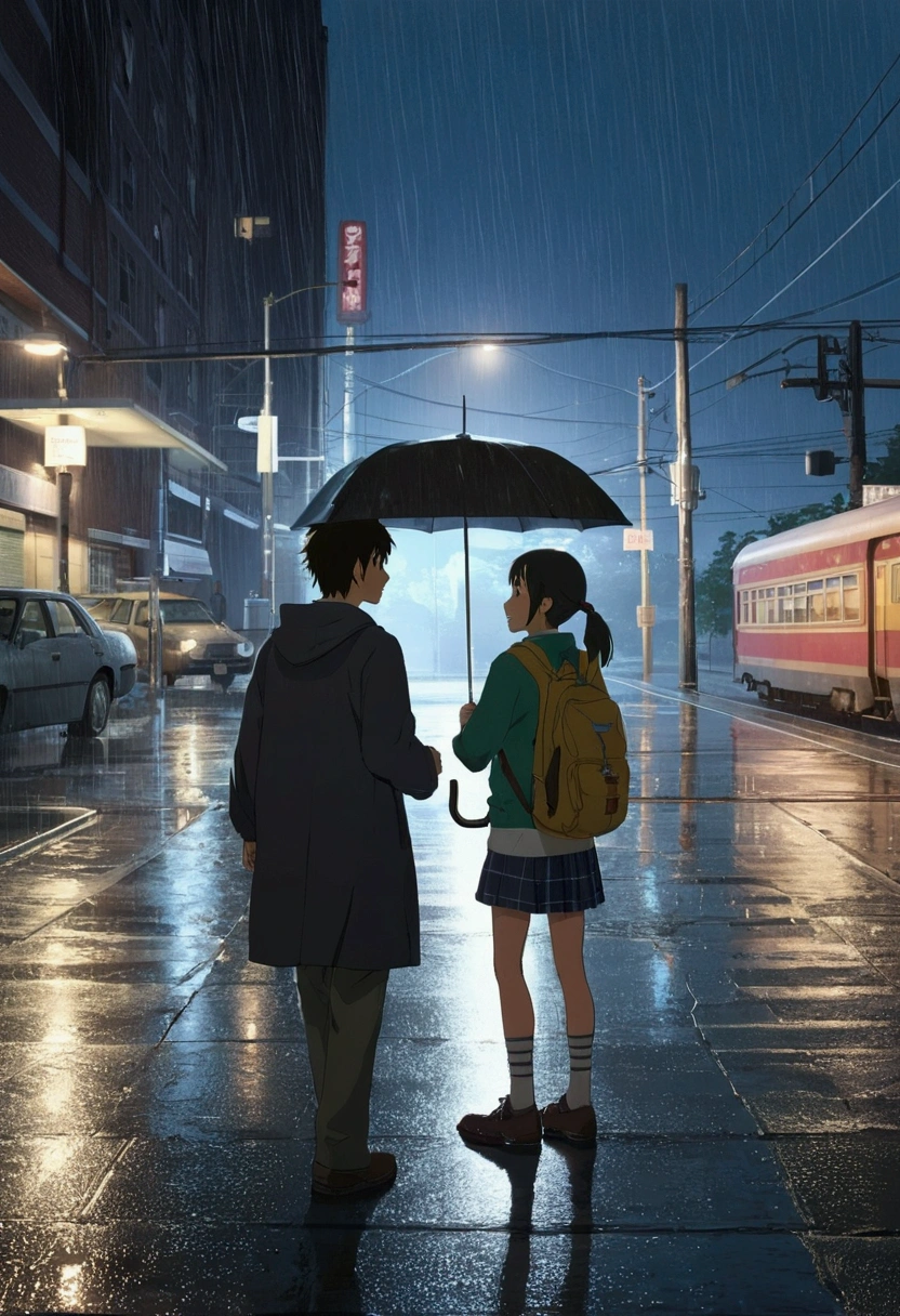 A street corner where the rain is drizzling. Under a dim evening sky, wet asphalt reflects the light, in front of a train station, high school students, a girl in on her way home from school, her hair wet from the rain, she is smiling innocently, a boy comes to pick her up, rushes over and holds his umbrella over her, in the background are detailed buildings, as seen in Makoto Shinkai's works and street lights