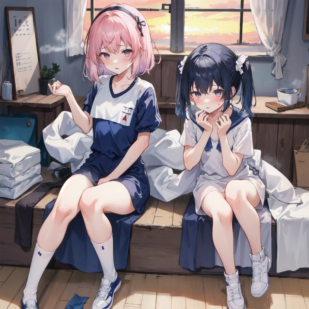 The whole body is covered in oilで光沢感がある　Tissue paper cut into small pieces,　 A small crumpled roll of tissue paper, A small piece of tissue paper that had fallen to the ground, torn apart and crumpled,　Excessive sweating on the face,Sweat dripping down,Sitting on an old bed,　Duvet with a light yellow stain　Old gym mat ,Gymnasium Warehouse,　There are lots of small rolled up tissue papers on the floor. ,　Crumpled garbage is scattered everywhere.,　Very old gym mat, 　 Messy room,　　Dimly lit room　Hardwood Floors　Scattered small rolled tissue papers　Upper body sailor suit, Lower body swimsuit　Inner swimwear　Illustration Style　Anime Style　Small lips　Face of Shame　Embarrassing　beautiful girl　Very cute clothes　Cheeks pink　Light purple hair　Blonde long hair　super curly hair　Super long sideburns　Rubber clothing　hair band　Pearl white silk tights that become transparent when wet　White super long boots　Big eyes　Hanging eyes　Angry　Blushing　Shocking Pink Rouge　Sweating profusely　　A small roll of tissue paper　Steam coming out of the whole body　Steam rises across the screen.　White Breath　Haa　The whole body is covered in oil　evening　Overall orange background　Sunset sunshine