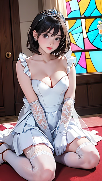 (8k, Realistic, RAW Photos, Highest quality: 1.4),Japanese idol-style beautiful girl,model,1 person,18-year-old,(Short Bob),(Black Hair),tiara,She has her hair tucked behind her ear,Transparent grey eyes,Long eyelashes,eyeliner,eyeliner,(Earrings(small)),cheek(Beige brown),(Lip gloss),lips(Plump,Shiny),透明感のあるwhiteさとキメの細かい肌,thin long neck,Thin and delicate shoulders,(Lace gloves(white)),(Wedding Bouquet),(Wedding dress(Frills,Plumpしたロングスカート :1.1)),(layer),(Fishnet tights(white)),(High heels(white)),(Background of a Gothic stone church with stained glass windows),Smiling for the camera,Full body portrait