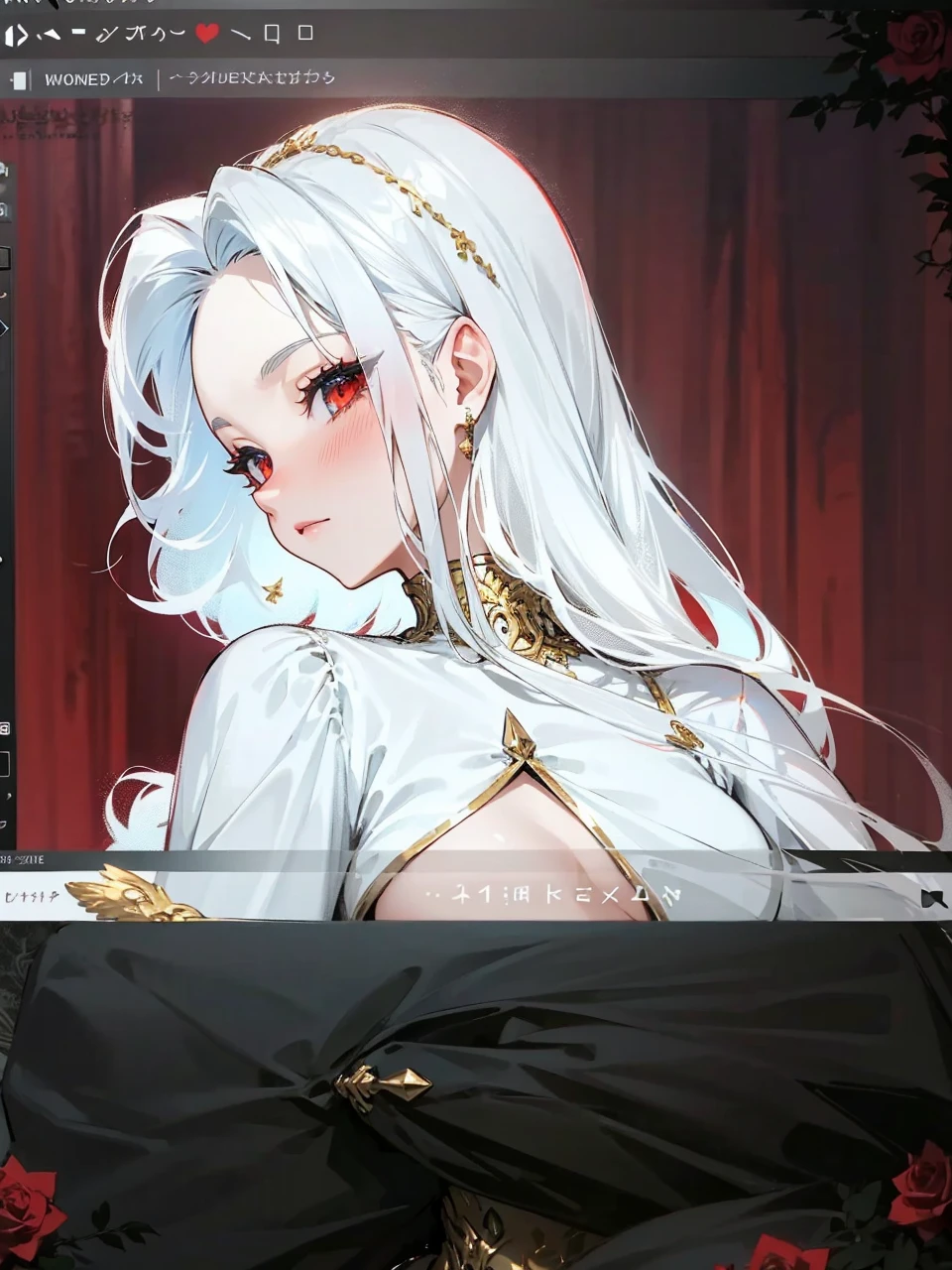 Add in roses to her dress, a good back dress design with some golden jewelry, make her dress into a red and white gown with a hat, give her some unique Jewelry, and make her look somewhat of a demonic angel like appearance to her