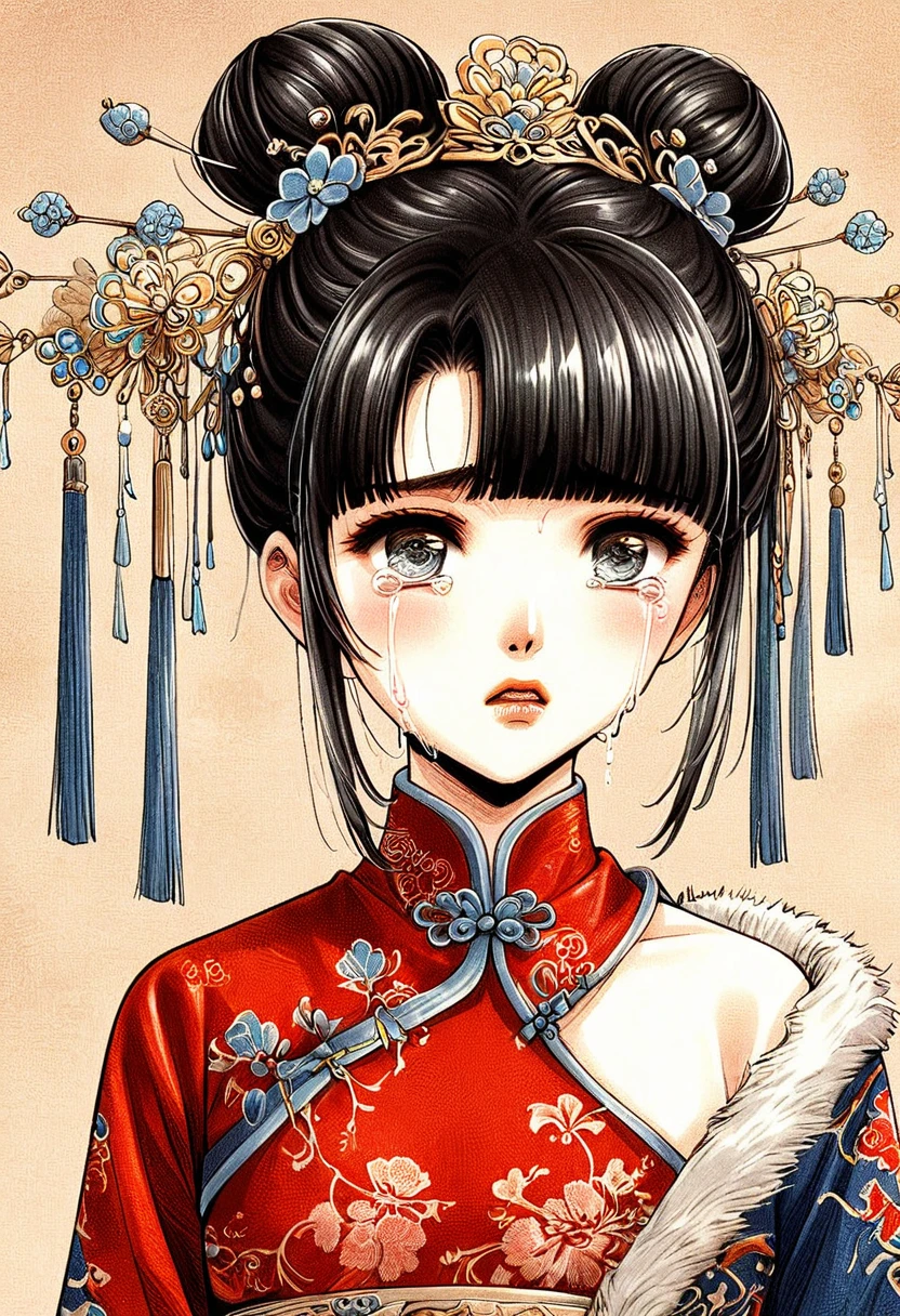 Period drama manga style　A 15-year-old super beautiful Chinese girl with black hair in a bun cut(1 person)　She is wearing a royal long-sleeved Chinese dress　She cries after the man forcibly tears off her clothes and has sex with her violently.