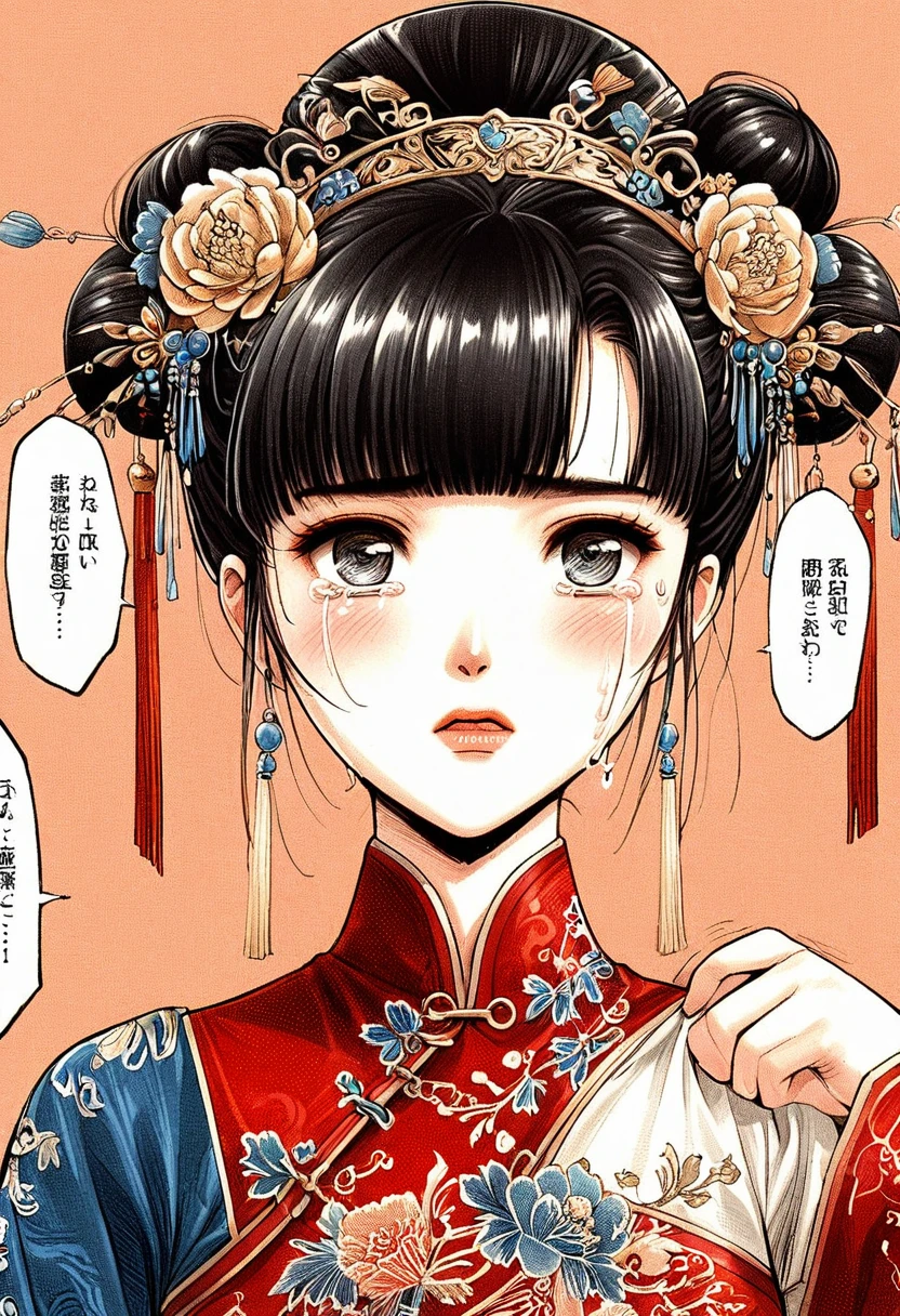 Period drama manga style　A 15-year-old super beautiful Chinese girl with black hair in a bun cut(1 person)　She is wearing a royal long-sleeved Chinese dress　She cries after the man forcibly tears off her clothes and has sex with her violently.