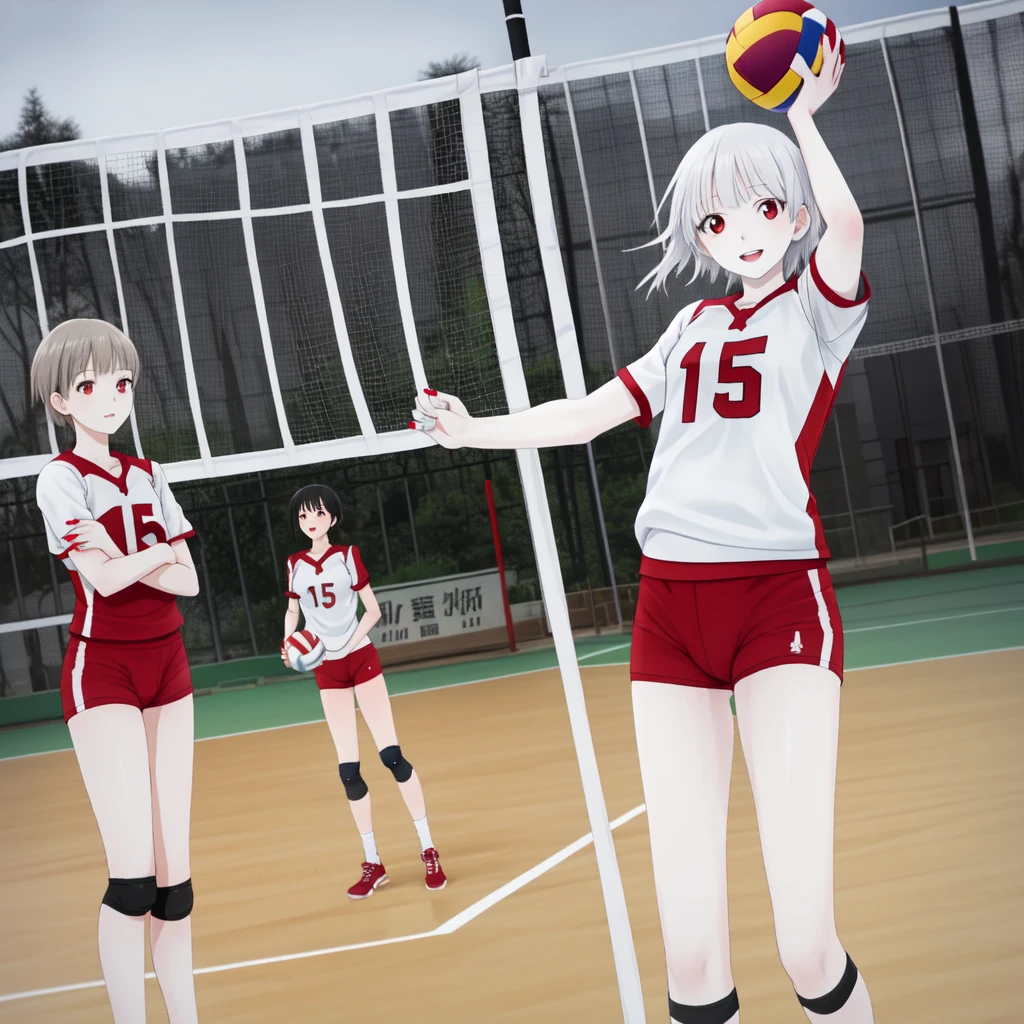 masterpiece、Highest quality，High resolution，snow-white skin、Pure white hair、Vampire Noriko Isobe、Red eyes、Pure white skin、Red nails、Volleyball Club、Pure white hairの毛、Standing in a volleyball uniform、150cm or more