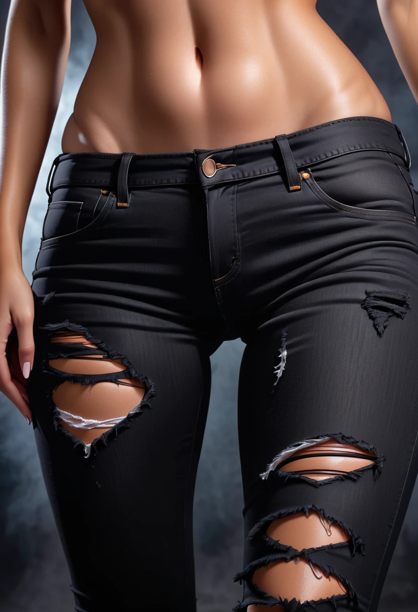 Close up on the crotch of a sexy woman wearing a ripped skinny black jeans.