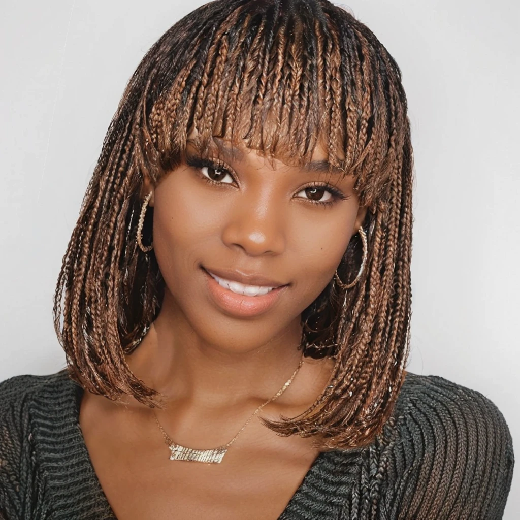 a close up of a woman with a brown and black hair, box braids, with full bangs, with short hair with bangs, black hair in braids, woman with braided brown hair, with bangs, brown fringe, short brown hair with bangs, with a brown fringe, wig, neat hair with bangs, hair blackbangs hair, elegant fantasy style braids, stunning visual