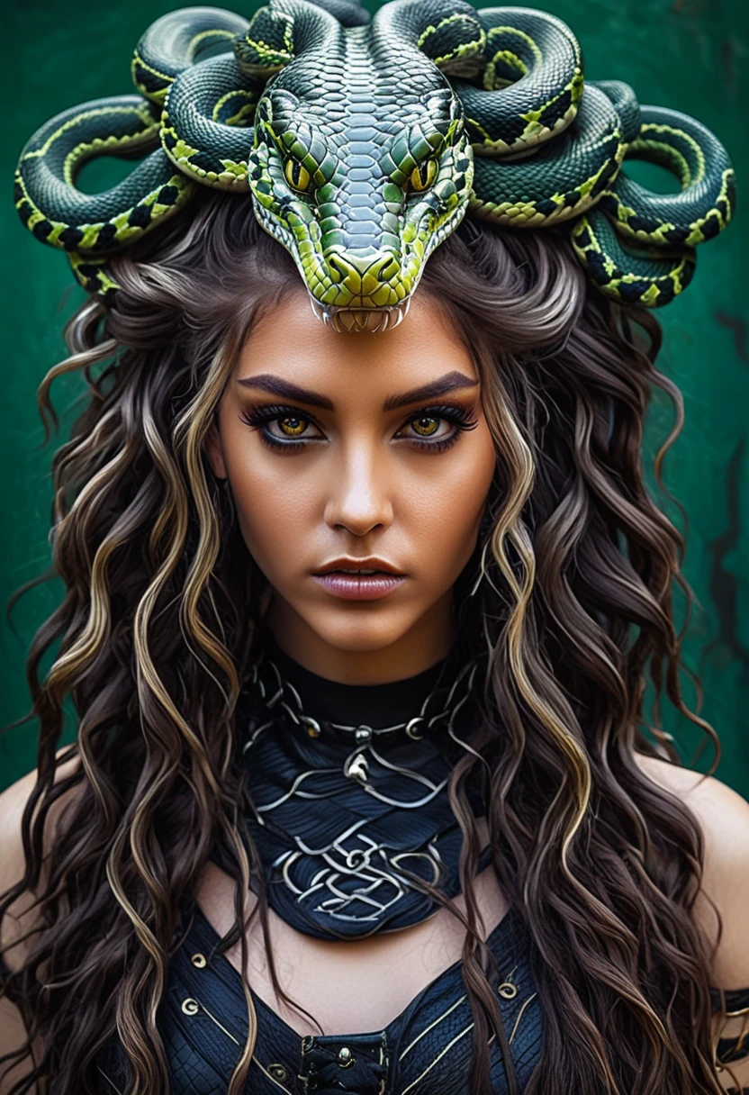 a close up of a woman with a snake head and snake hair, fierce medusa, portrait of medusa, beautiful female gorgon, medusa portrait painting, her many snakes as hair, female medusa long hair, portrait of age medusa, queen of snakes, snake woman hybrid, medusa gorgon head, medusa, snake woman, cyberpunk medusa, medusa head, young woman as medusa