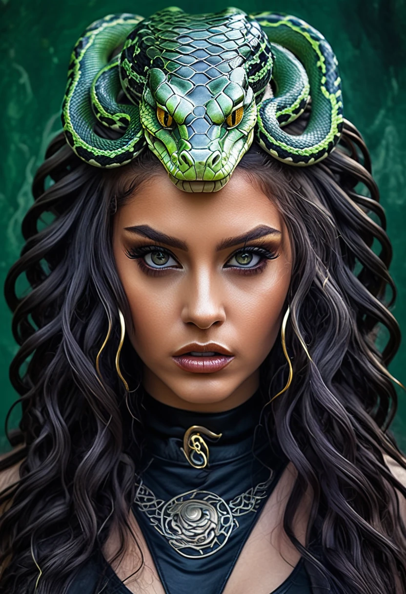 a close up of a woman with a snake head and snake hair, fierce medusa, portrait of medusa, beautiful female gorgon, medusa portrait painting, her many snakes as hair, female medusa long hair, portrait of teenage medusa, queen of snakes, snake woman hybrid, medusa gorgon head, medusa, snake woman, cyberpunk medusa, medusa head, young woman as medusa