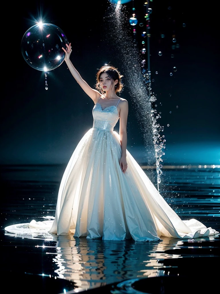Young woman wearing a dress entirely made of transparent flowing water. Fluid, cascading gown with dynamic water movement. Large soap bubble-like spheres incorporated into the water fabric, creating a mesmerizing blend of flowing liquid and delicate bubble structures. Dynamic poses, dancing, Shimmering, iridescent water surface with rainbow reflections on bubble areas. Water drops of various sizes forming the dress's texture. High-detail photography, fantasy concept art style. Simple plain light blue background. Flowing water in space.