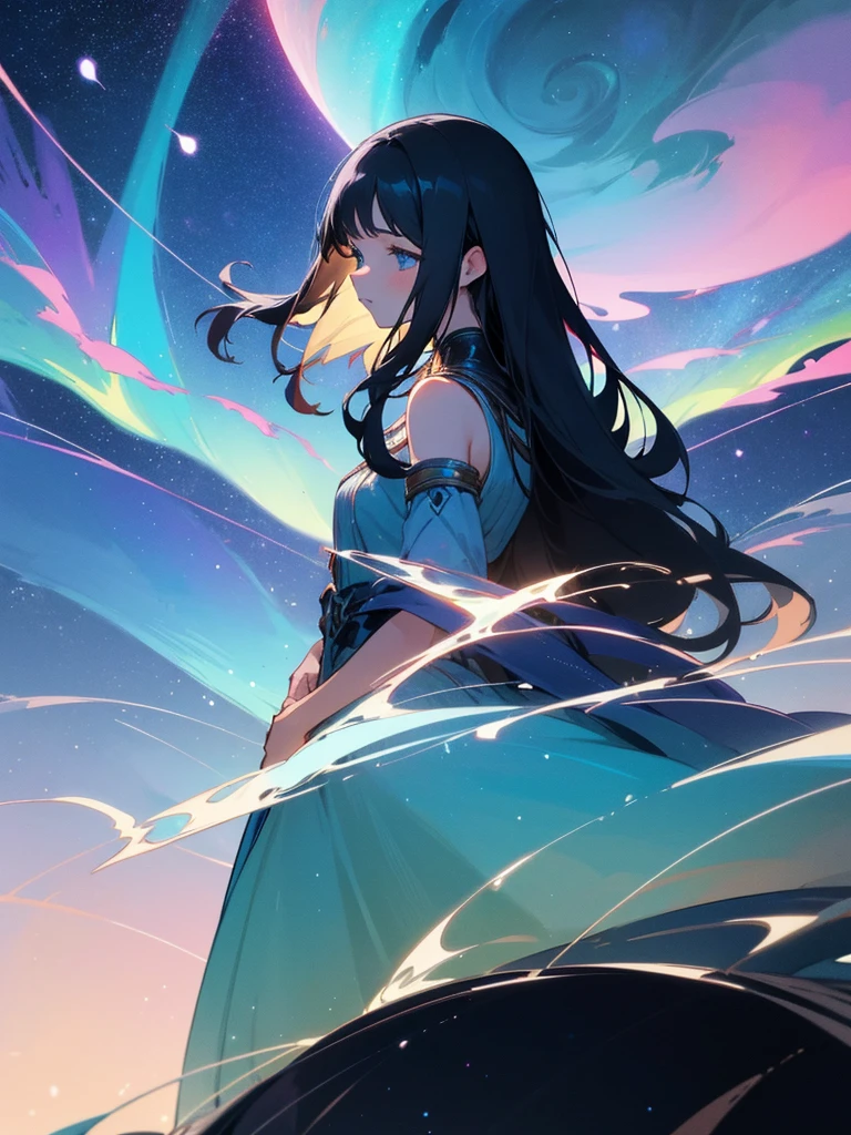 a girl with black beautiful fair hair, shoulder-length hair, soft beautiful sky blue eyes, original project, beautiful scenery with starry sky along with shining moon and mesmerizing aurora with galaxy skies, dreamy and wonderful, ethereal and dynamic, fantastic fantasy, perfect illustration, close up, beautiful view, vista, tranquil and calming