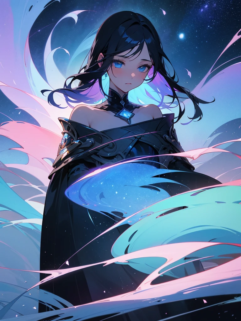 a girl with black beautiful fair hair, shoulder-length hair, soft beautiful sky blue eyes, original project, beautiful scenery with starry sky along with shining moon and mesmerizing aurora with galaxy skies, dreamy and wonderful, ethereal and dynamic, fantastic fantasy, perfect illustration, close up, beautiful view, vista, tranquil and calming