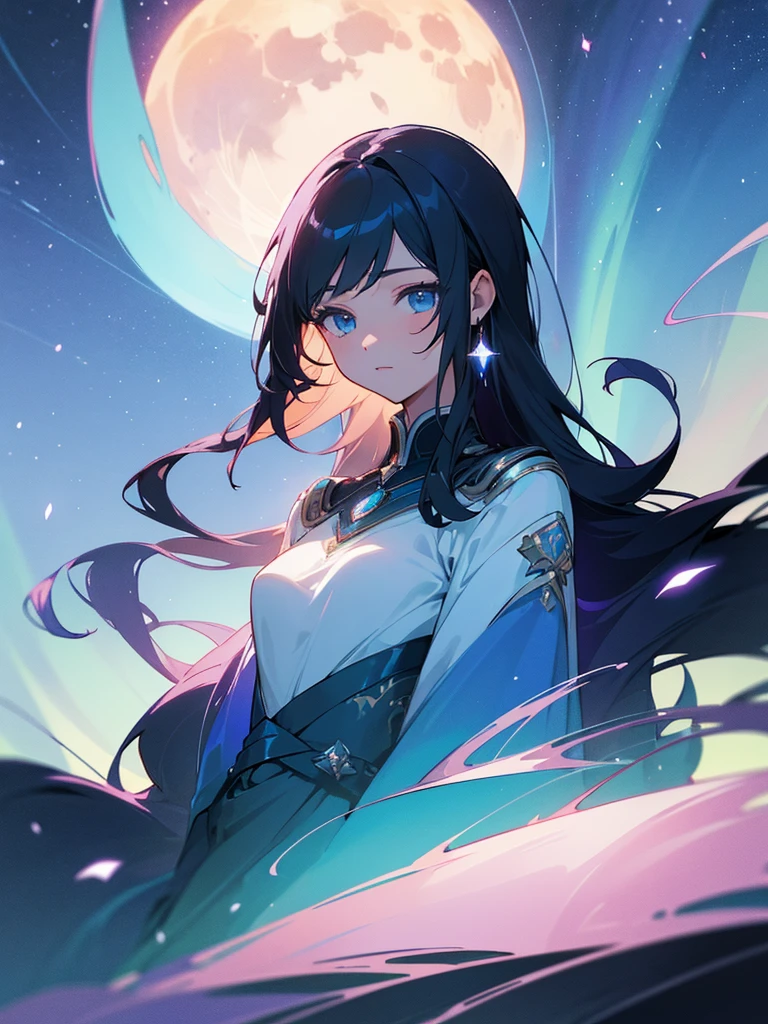 a girl with black beautiful fair hair, shoulder-length hair, soft beautiful sky blue eyes, original project, beautiful scenery with starry sky along with shining moon and mesmerizing aurora with galaxy skies, dreamy and wonderful, ethereal and dynamic, fantastic fantasy, perfect illustration, close up, beautiful view, vista, tranquil and calming
